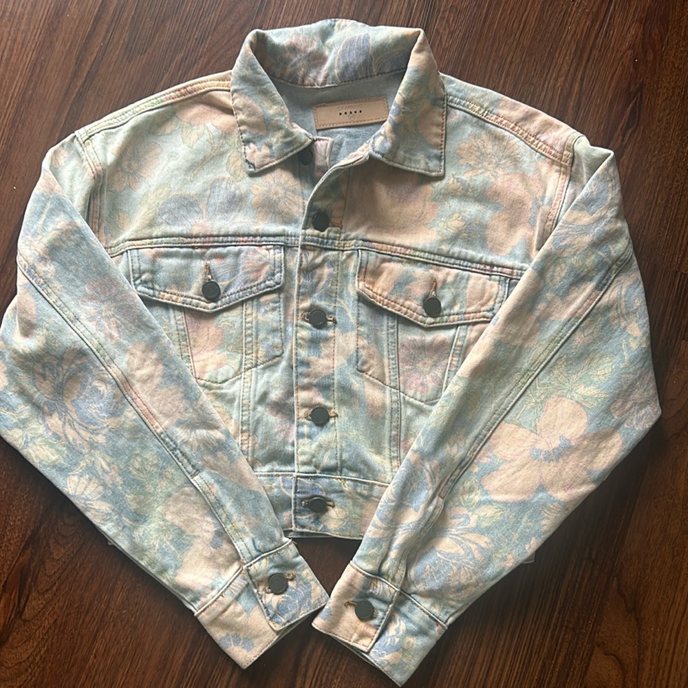 Blank NYC pastel floral cropped jean denim jacket NWT